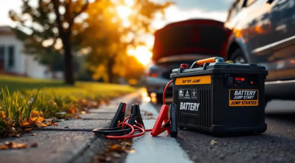 Professional roadside technician jump starting a car in a Boston parking garage using a portable power boost pack.