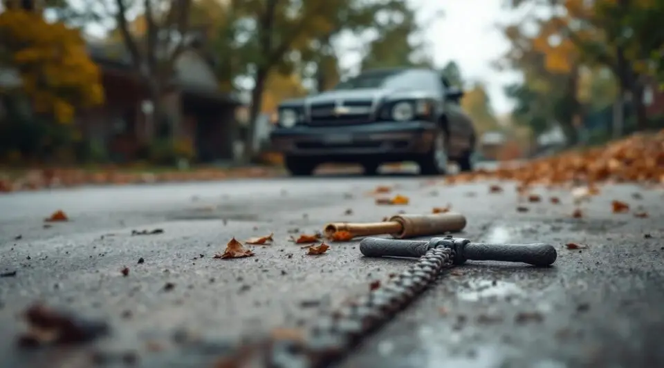 A professional flatbed tow truck operator carefully loading an older, stationary sedan in a Boston residential neighborhood.